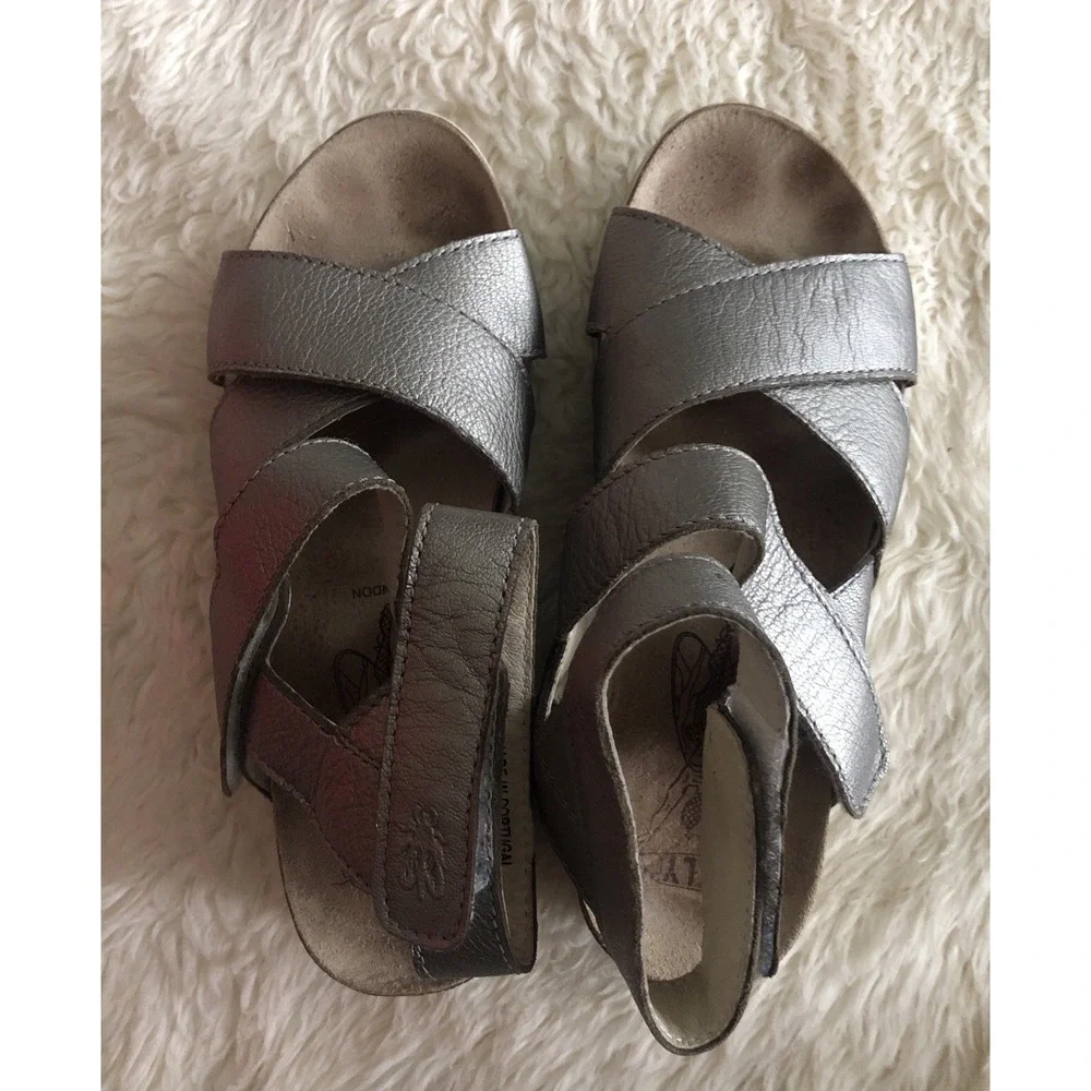 Fly London Wedge Sandals Silver Leather Ankle Strap Wege669fly  US 7-7.5 EUR 38